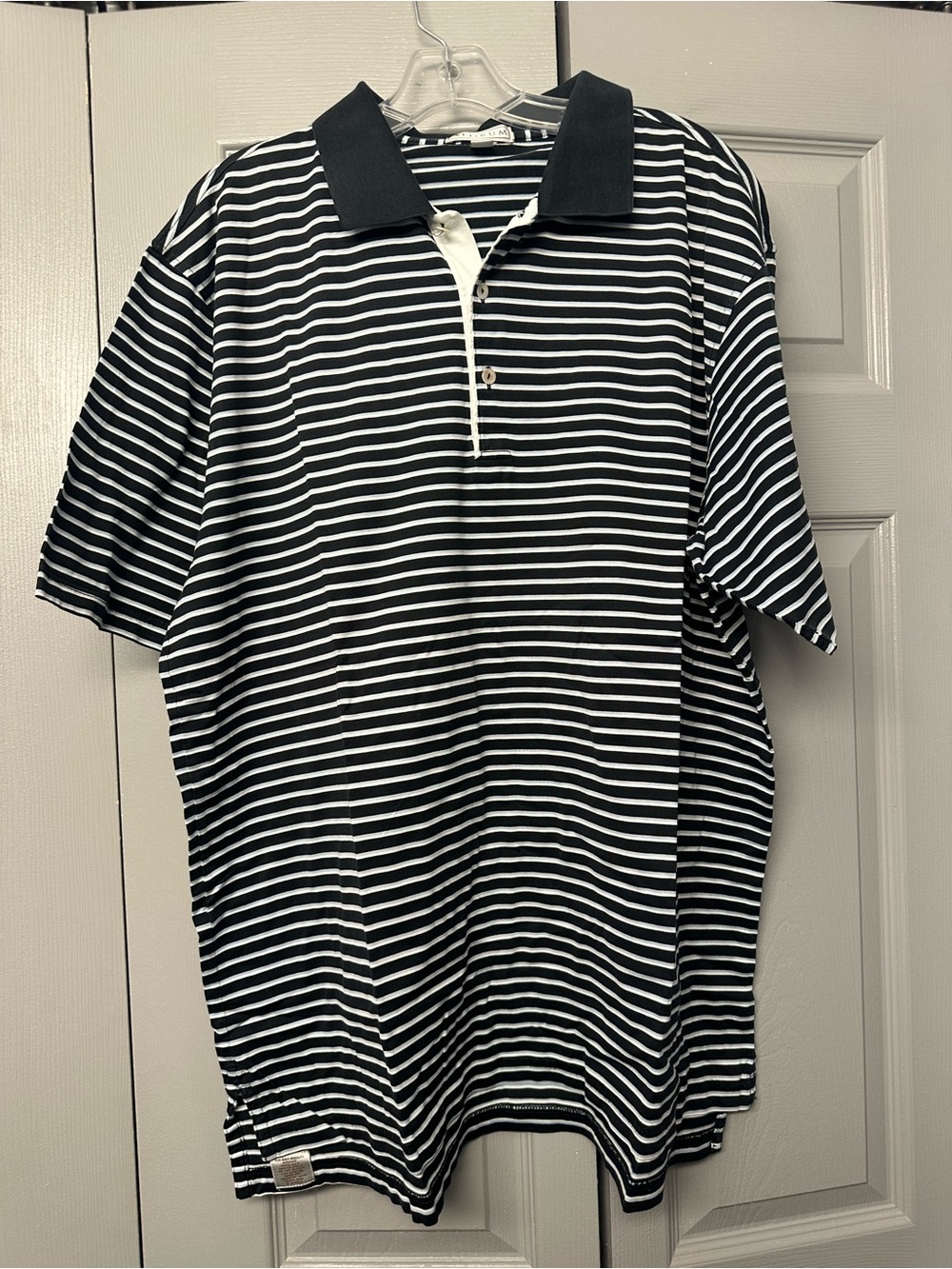 Men's Black & White Striped Polo with Contrast Collar